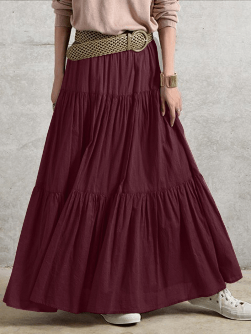 Solid Color Big Swing Elastic Waist Pleated Casual Long Skirt for Women - Skirts - DYAVOR®