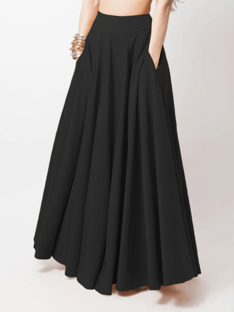 Women Solid Color A-Line Elastic Waist Casual Swing Skirts with Pocket - Skirts - DYAVOR®