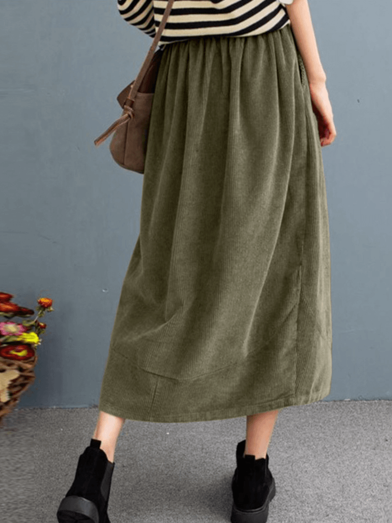 Women Corduroy Solid Elastic Waist Leisure Skirt with Side Pockets - Skirts - DYAVOR®