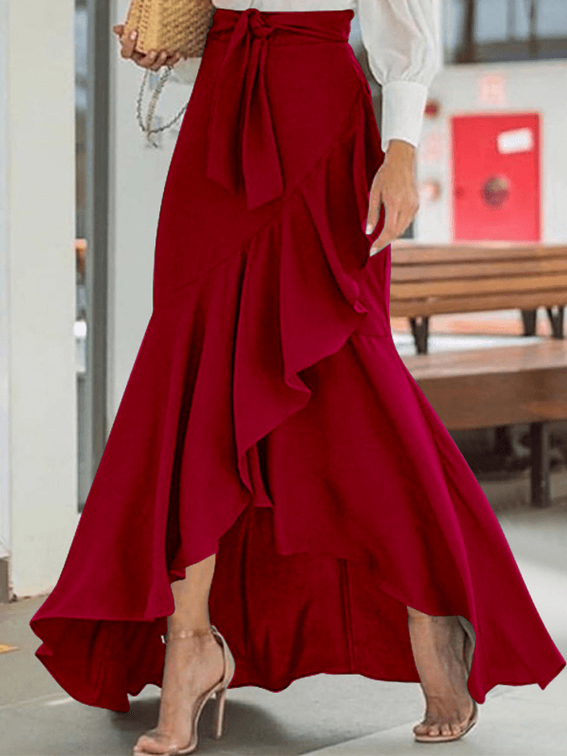 Women's Solid Color High Waist Ruffle High Low Hem Swing Maxi Skirts for Fashionable Style - Skirts - DYAVOR®