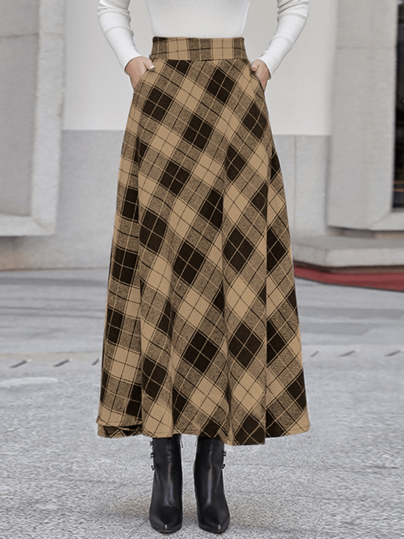 Women Plaid A-Line Vintage High Waist Skirts with Pocket - Skirts - DYAVOR®