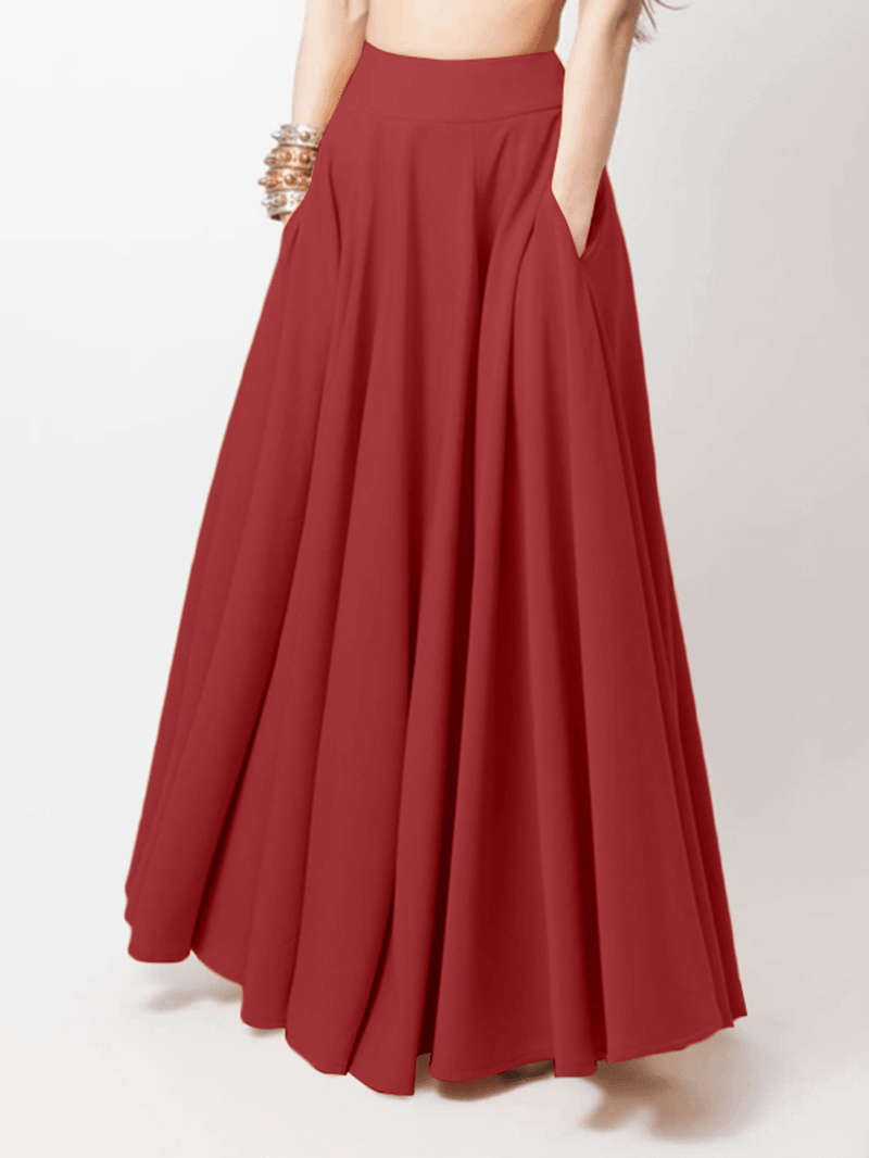 Women Solid Color A-Line Elastic Waist Casual Swing Skirts with Pocket - Skirts - DYAVOR®