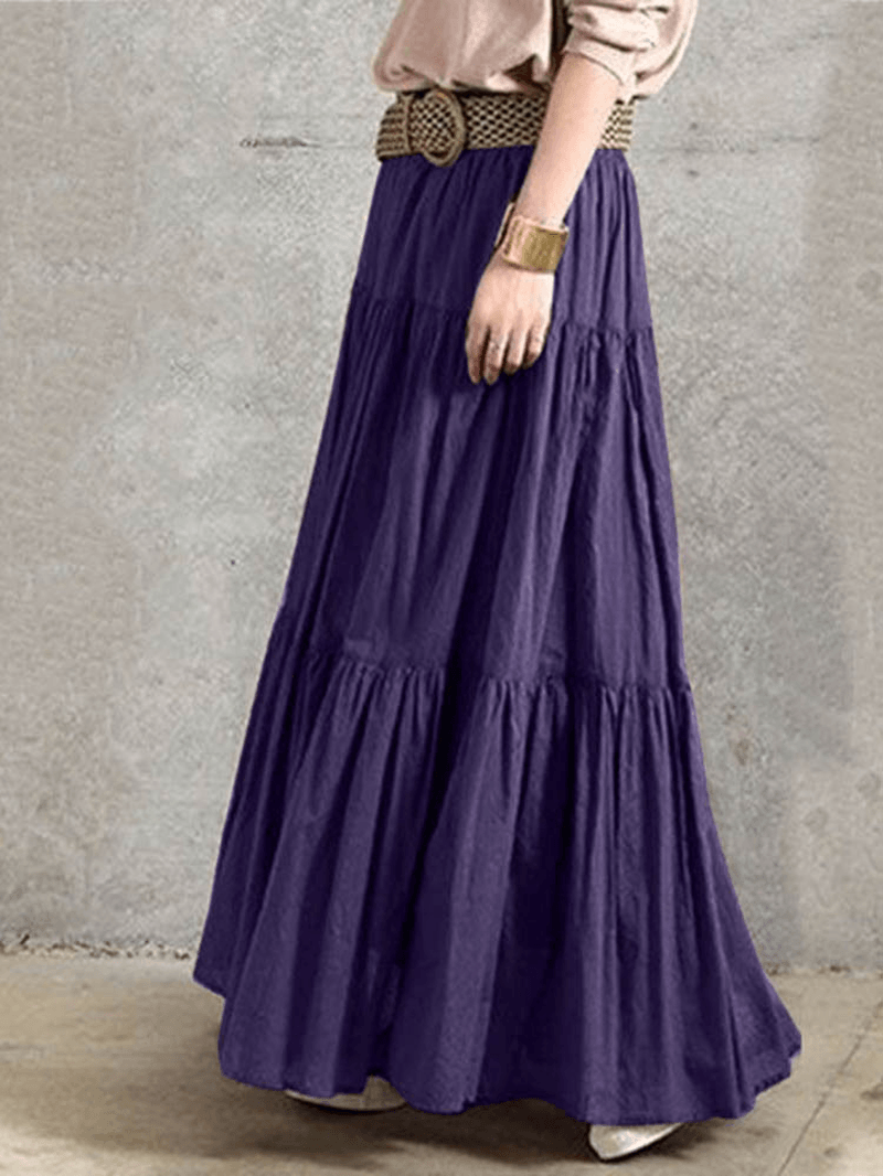 Solid Color Big Swing Elastic Waist Pleated Casual Long Skirt for Women - Skirts - DYAVOR®