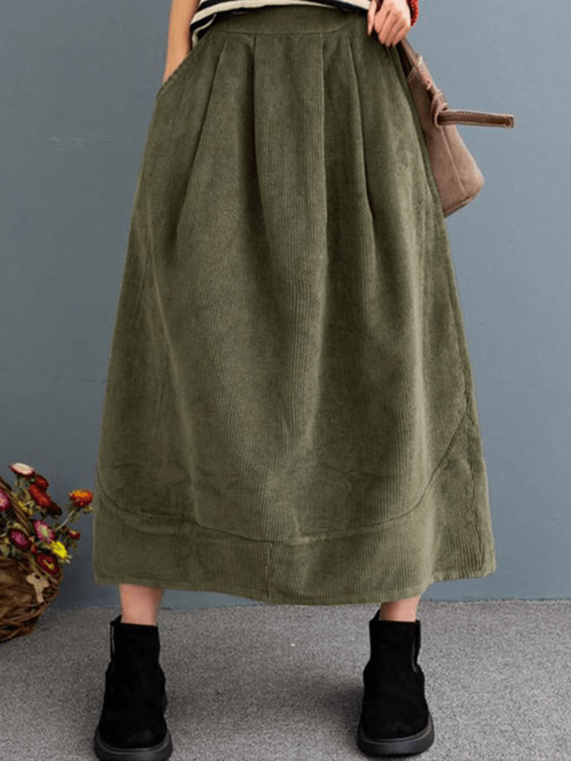 Women Corduroy Solid Elastic Waist Leisure Skirt with Side Pockets - Skirts - DYAVOR®