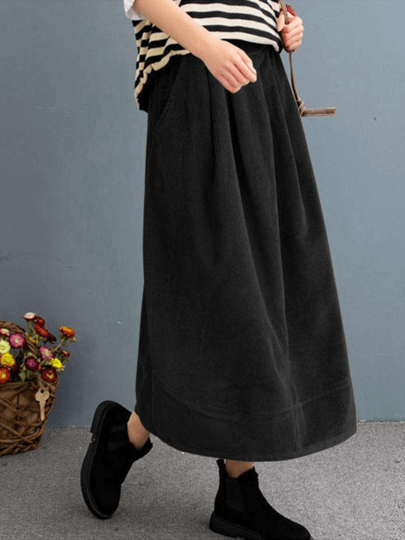 Women Corduroy Solid Elastic Waist Leisure Skirt with Side Pockets - Skirts - DYAVOR®