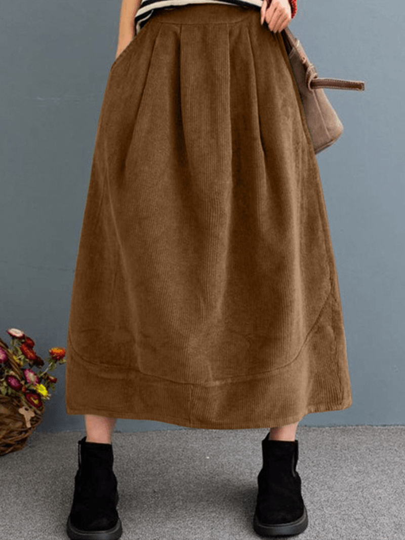 Women Corduroy Solid Elastic Waist Leisure Skirt with Side Pockets - Skirts - DYAVOR®