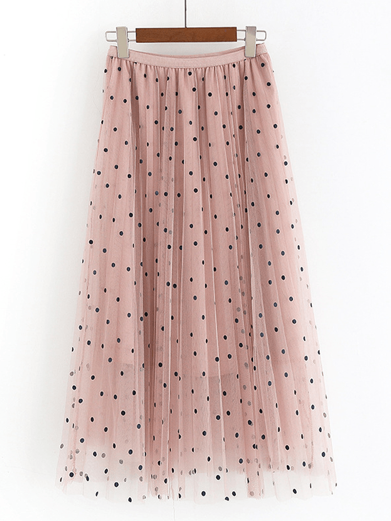 Women Polka Dot Print Gauze Elastic Waist Midi Mesh Pleated Skirt - Skirts - DYAVOR®