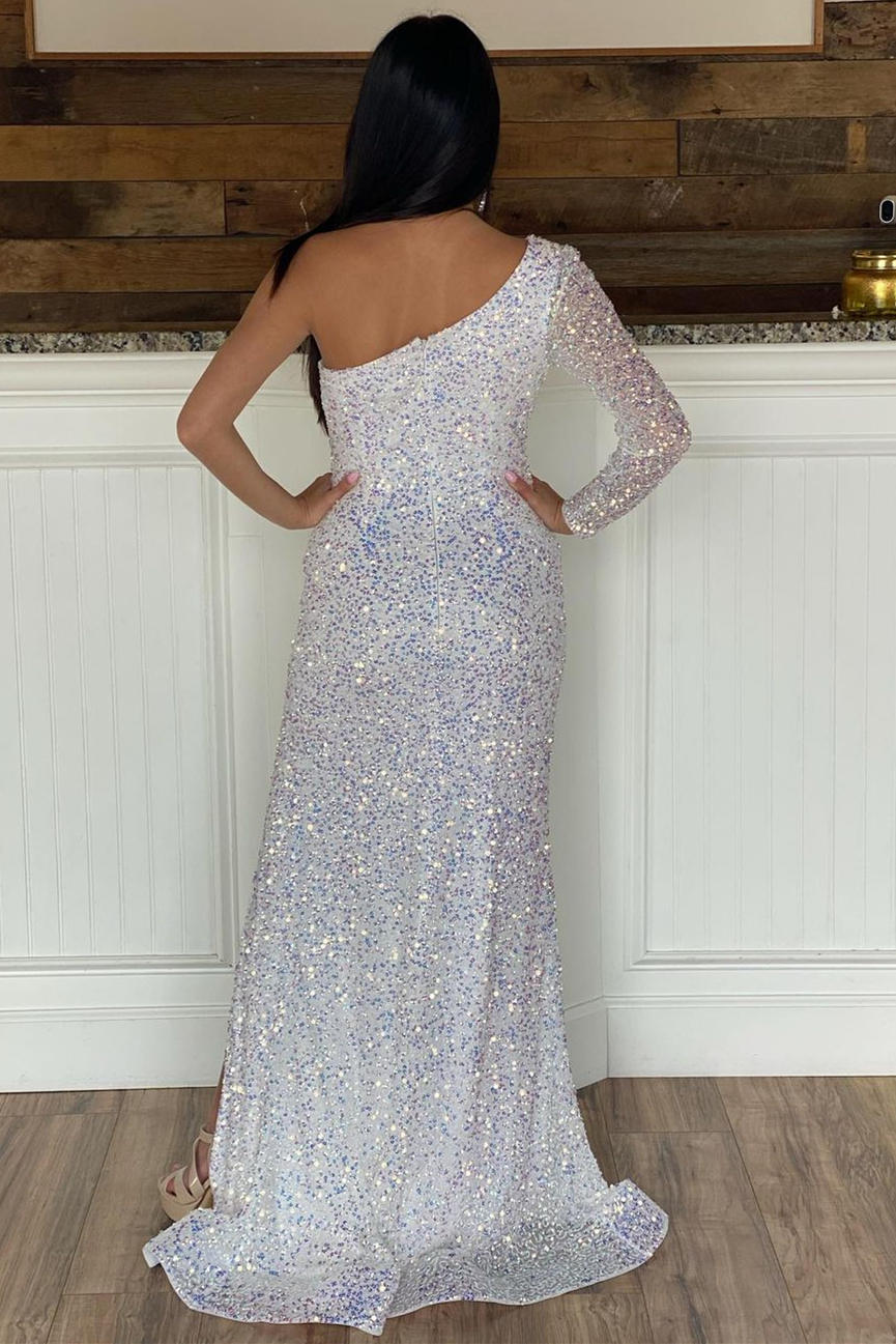 One Shoulder White Sequins Long Prom Dress with Slit - prom dress - DYAVOR®
