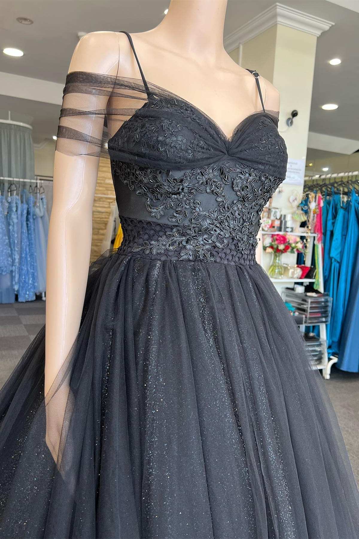 Princess Black Tulle Cold-Shoulder Long Prom Gown - Prom Dress - DYAVOR®