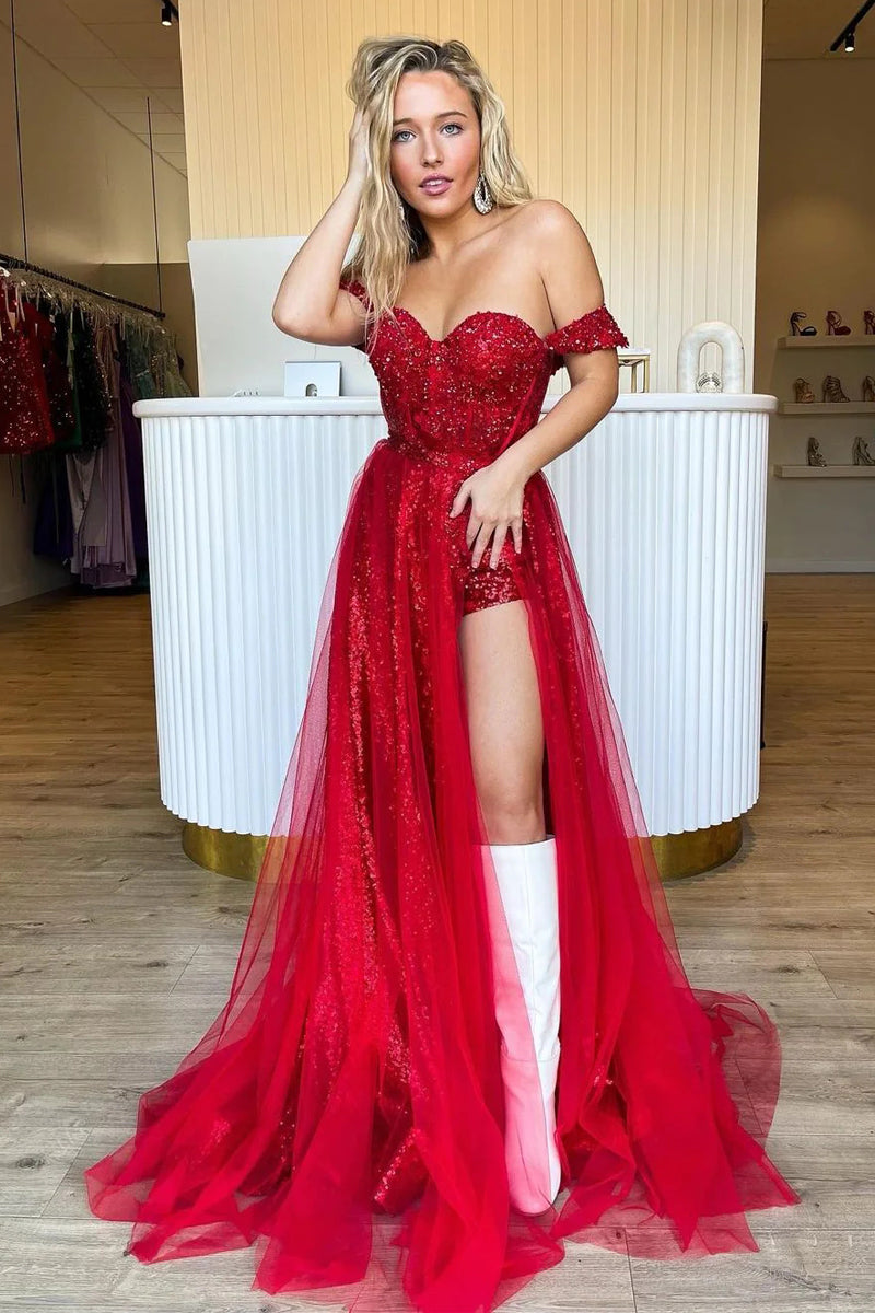 Ashlee | Sparkly Tow Piece Off the Shoulder Red Sequins Long Prom Dresses - Prom Dress - DYAVOR®