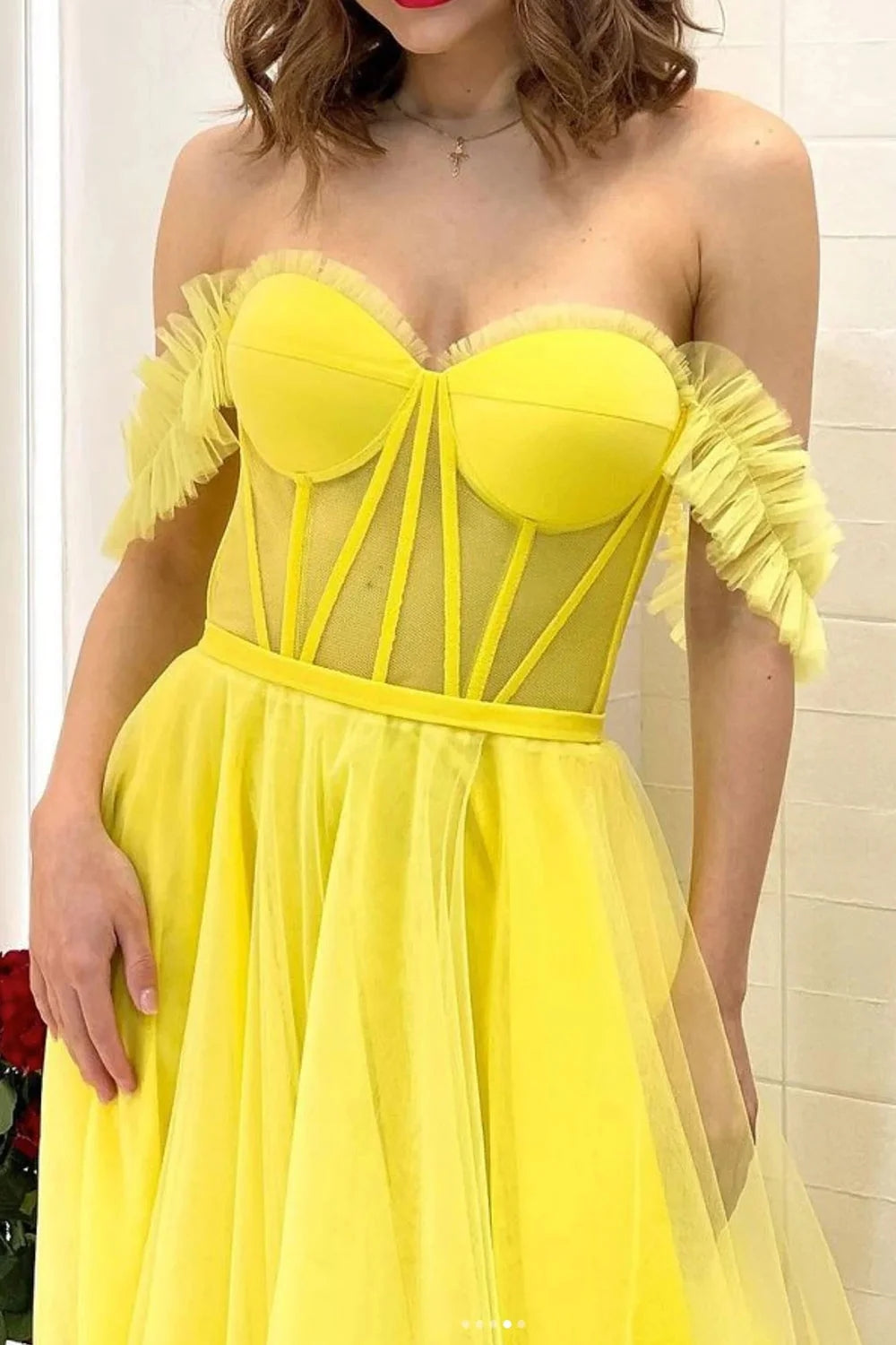 Lexie | A Line Off the Shoulder Yellow Corset Prom Dress - prom dress - DYAVOR®