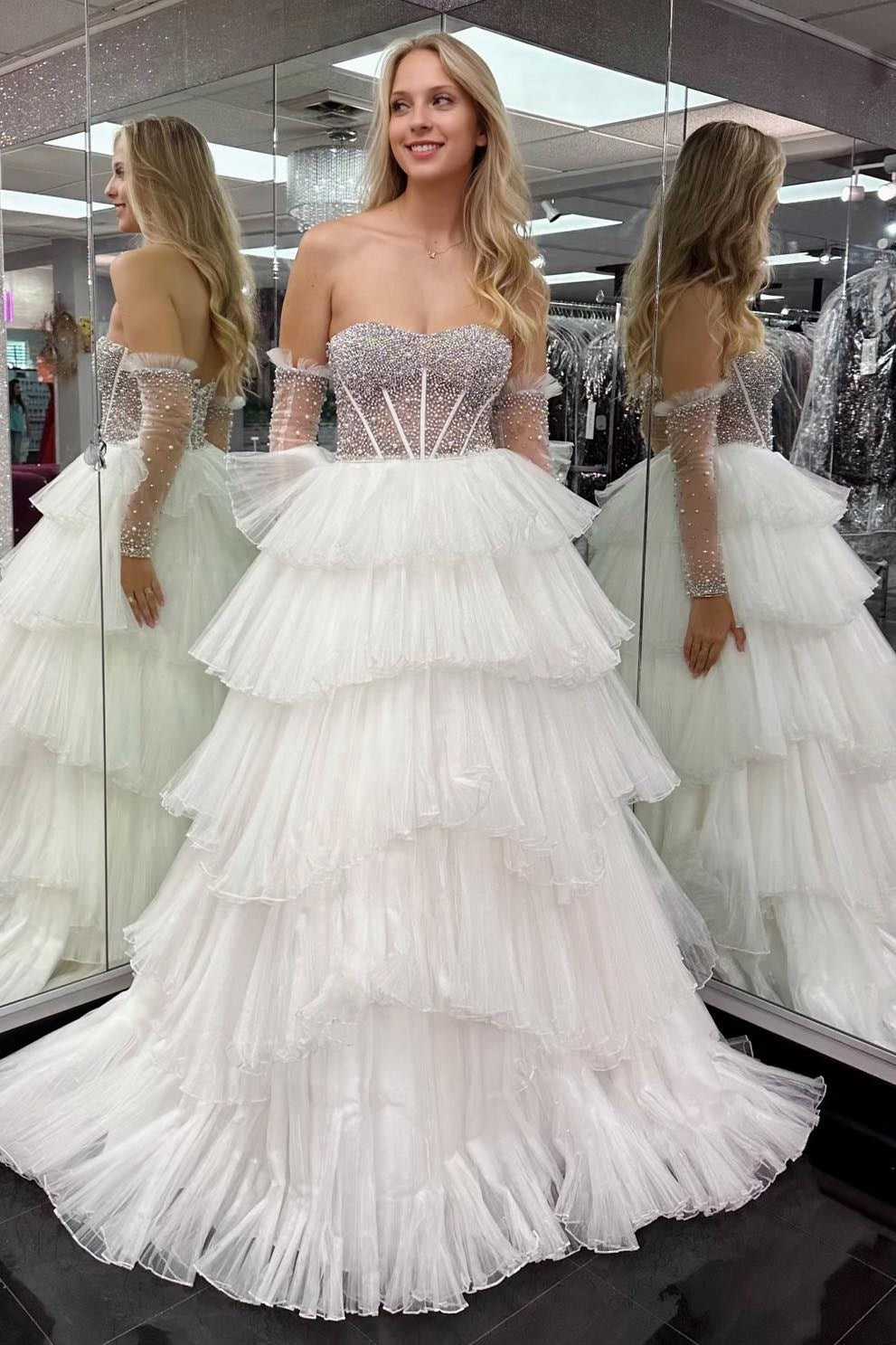 Lana |A-line Sweetheart Tiered Organza Prom Dress with Detachable Sleeves - Prom Dress - DYAVOR®