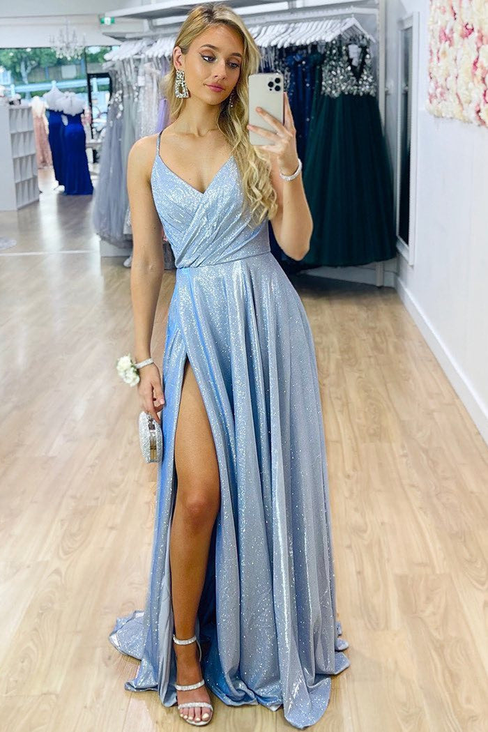 Sparkle V-Neck Blue Long Prom Dress with Slit - prom dress - DYAVOR®