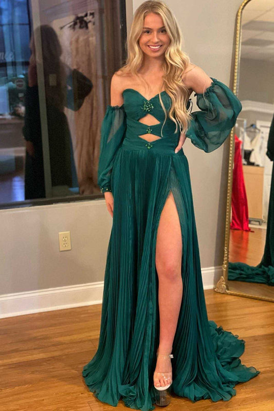 Ana | Hunter Green Rhinestones Strapless A-Line Prom Dress with Sleeves - Prom Dress - DYAVOR®