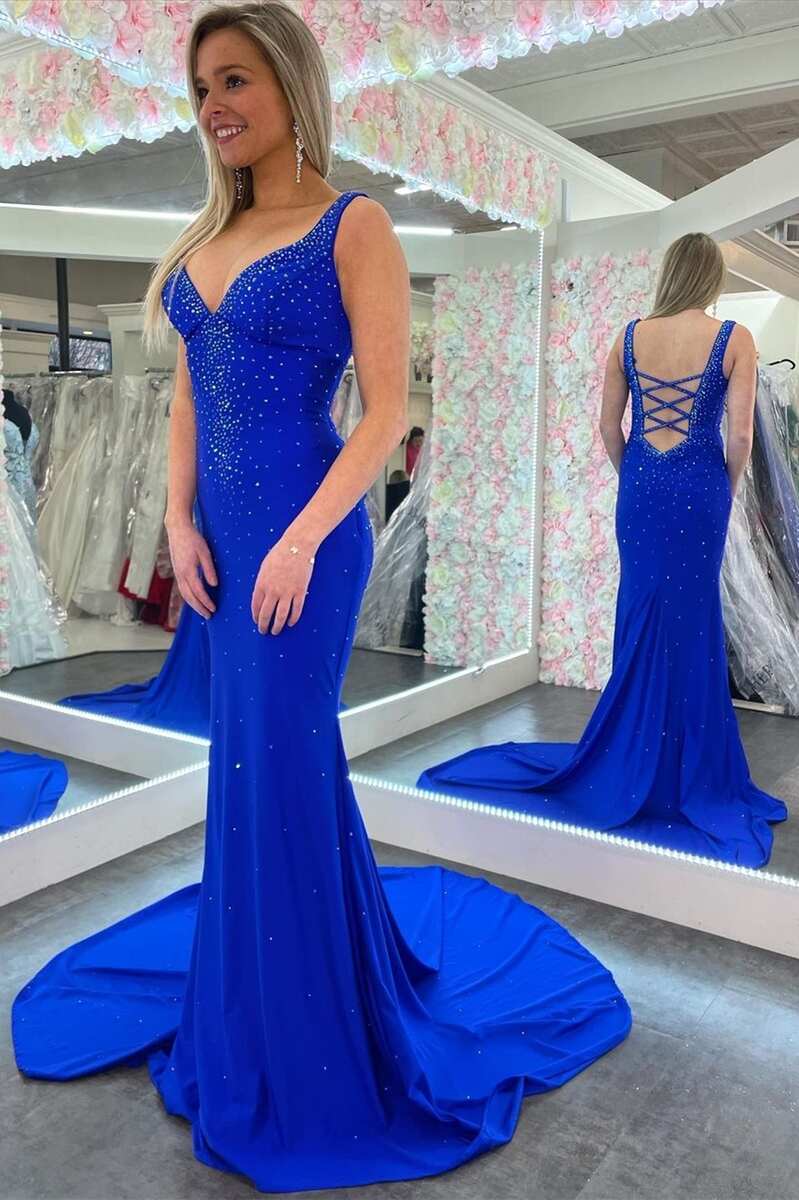 Elle |Mermaid V-Neck Beaded Satin Prom Dress with Cross Back - Prom Dress - DYAVOR®