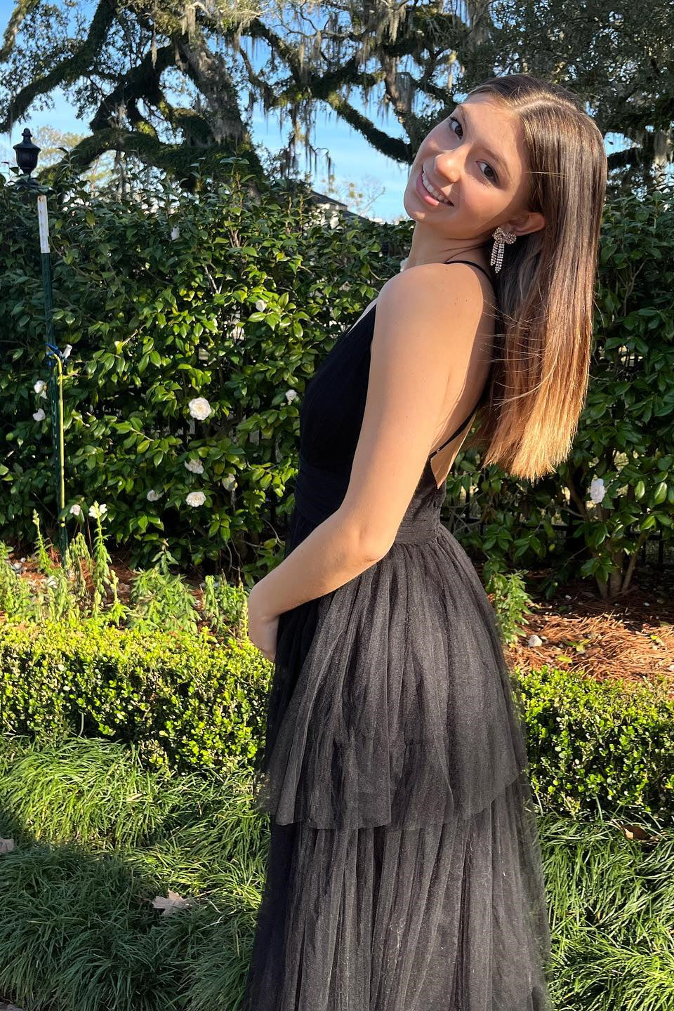 Adalyn | Black A-line Deep V Neck Cross Back Tulle Multi-Layers Long Prom Dress - Prom Dress - DYAVOR®