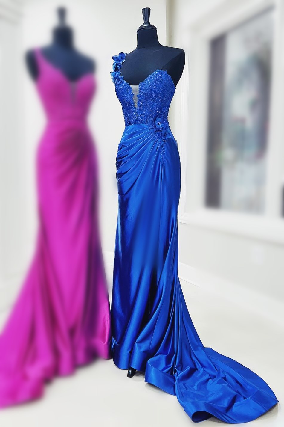Red One-Shoulder 3D Floral Lace Pleated Long Gown with Slit - Prom Dress - DYAVOR®
