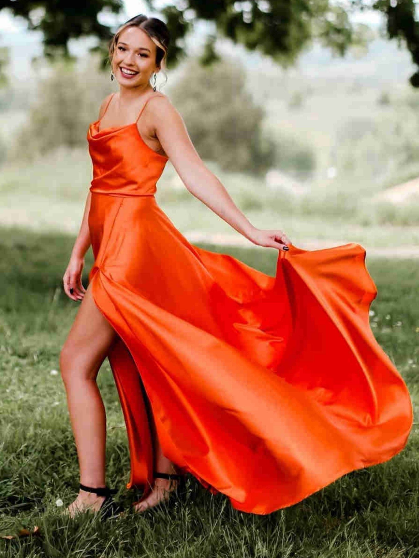 Araya |A Line Cowl Neck Satin Prom Dress With Slit - Prom Dress - DYAVOR®