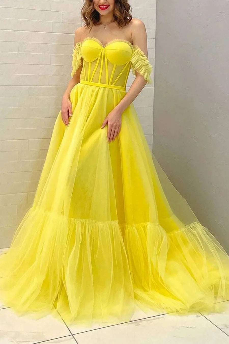 Lexie | A Line Off the Shoulder Yellow Corset Prom Dress - prom dress - DYAVOR®