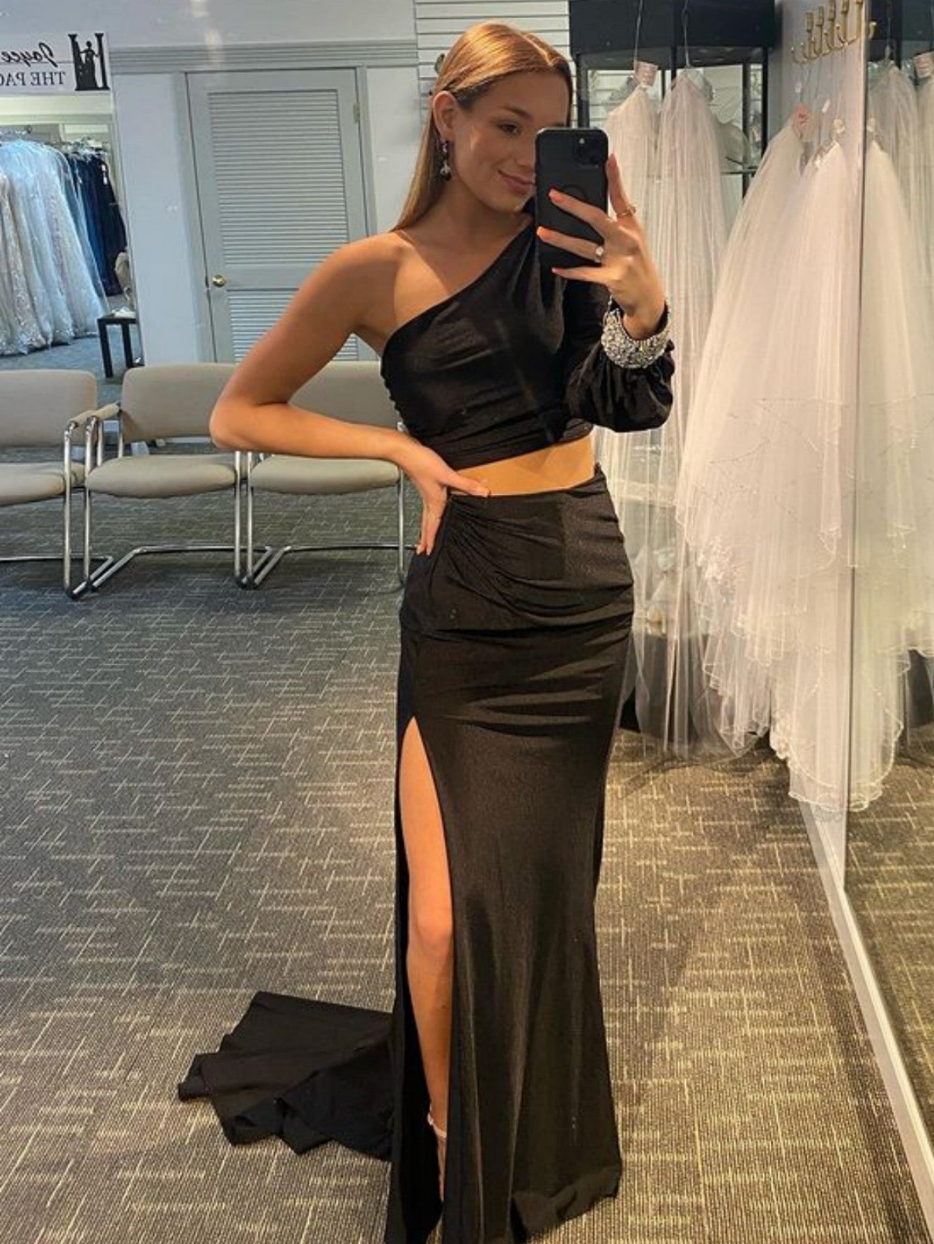 Satin Mermaid One Shoulder Two Pieces Set Black Long Prom Dress - Prom Dress - DYAVOR®