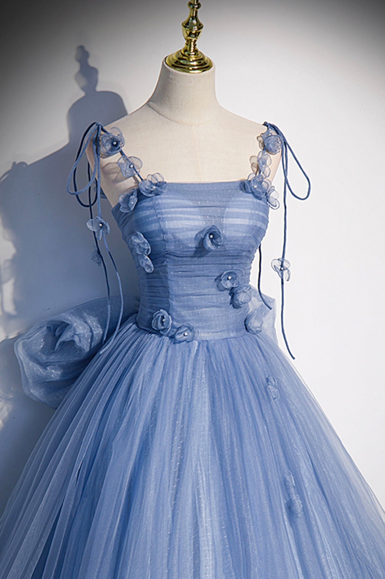 Karla | Blue Tulle Long A-Line Prom Dress Blue Spaghetti Straps Party Dress with Bow - Prom Dress - DYAVOR®