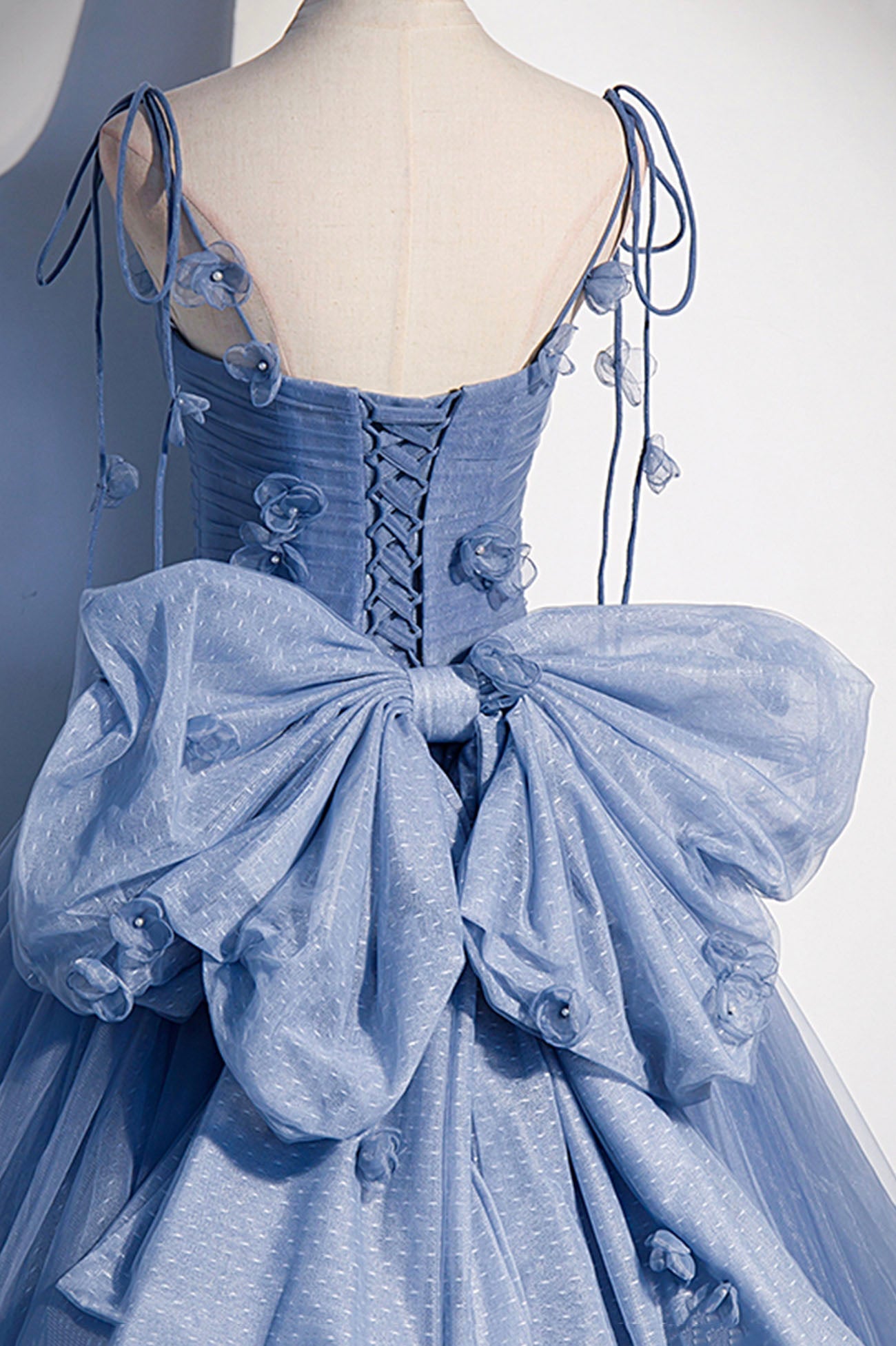 Karla | Blue Tulle Long A-Line Prom Dress Blue Spaghetti Straps Party Dress with Bow - Prom Dress - DYAVOR®