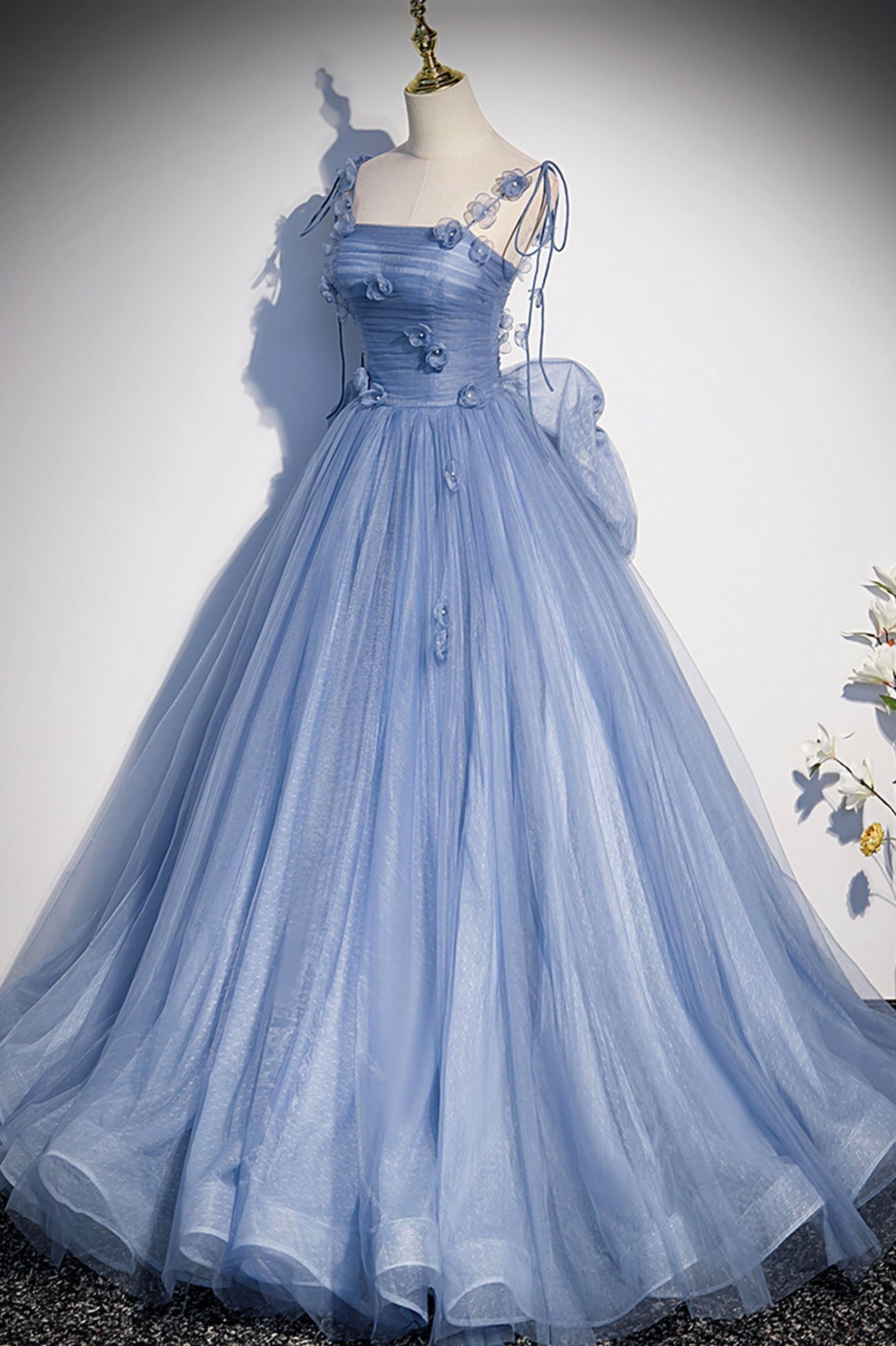 Karla | Blue Tulle Long A-Line Prom Dress Blue Spaghetti Straps Party Dress with Bow - Prom Dress - DYAVOR®