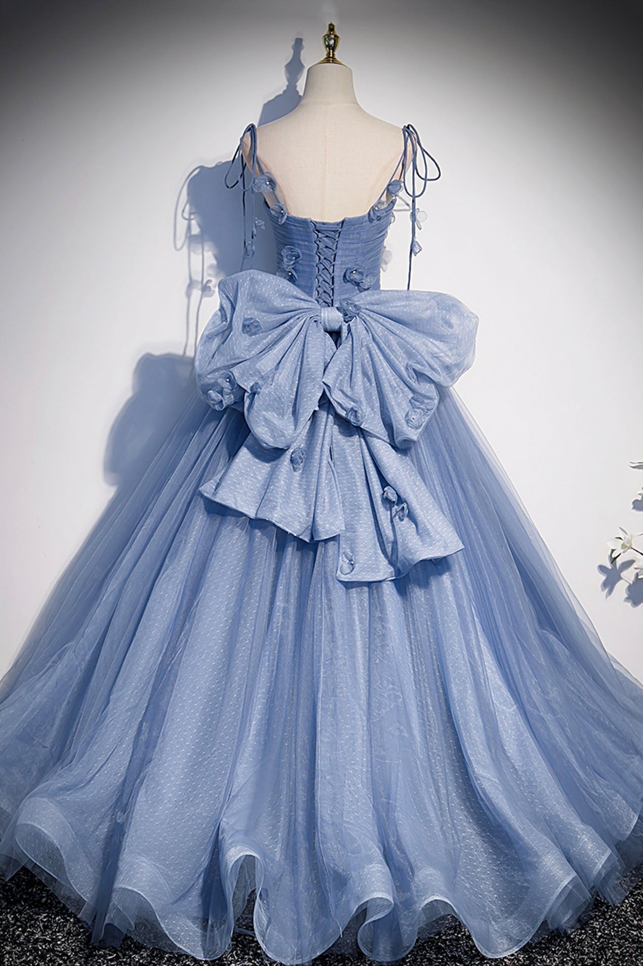 Karla | Blue Tulle Long A-Line Prom Dress Blue Spaghetti Straps Party Dress with Bow - Prom Dress - DYAVOR®