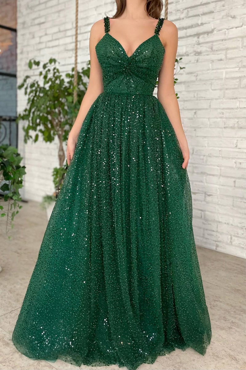 Freyja | A-line V Neck Long/Floor-Length Tulle Sparkling Prom Dress With Beading Sequins Glitter - Prom Dress - DYAVOR®