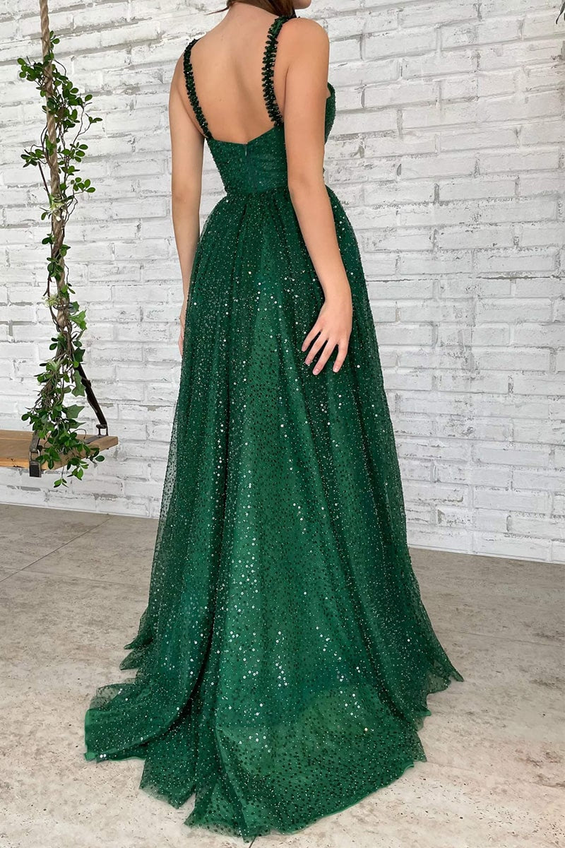 Freyja | A-line V Neck Long/Floor-Length Tulle Sparkling Prom Dress With Beading Sequins Glitter - Prom Dress - DYAVOR®