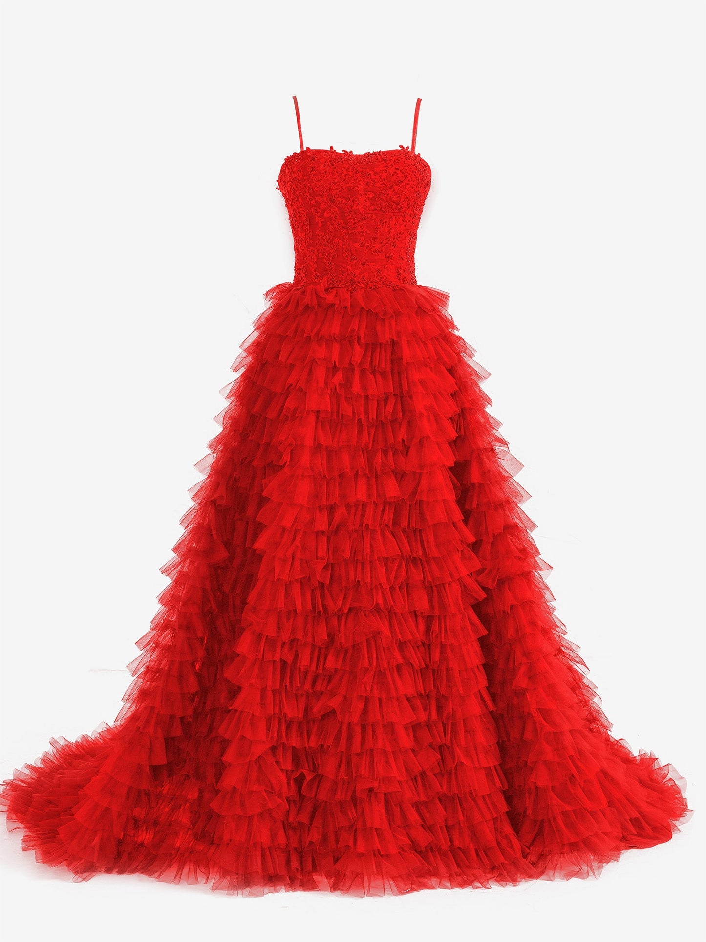 Jordan | Red A-Line Tiered Sequins Tulle Long Prom Dress - Prom Dress - DYAVOR®