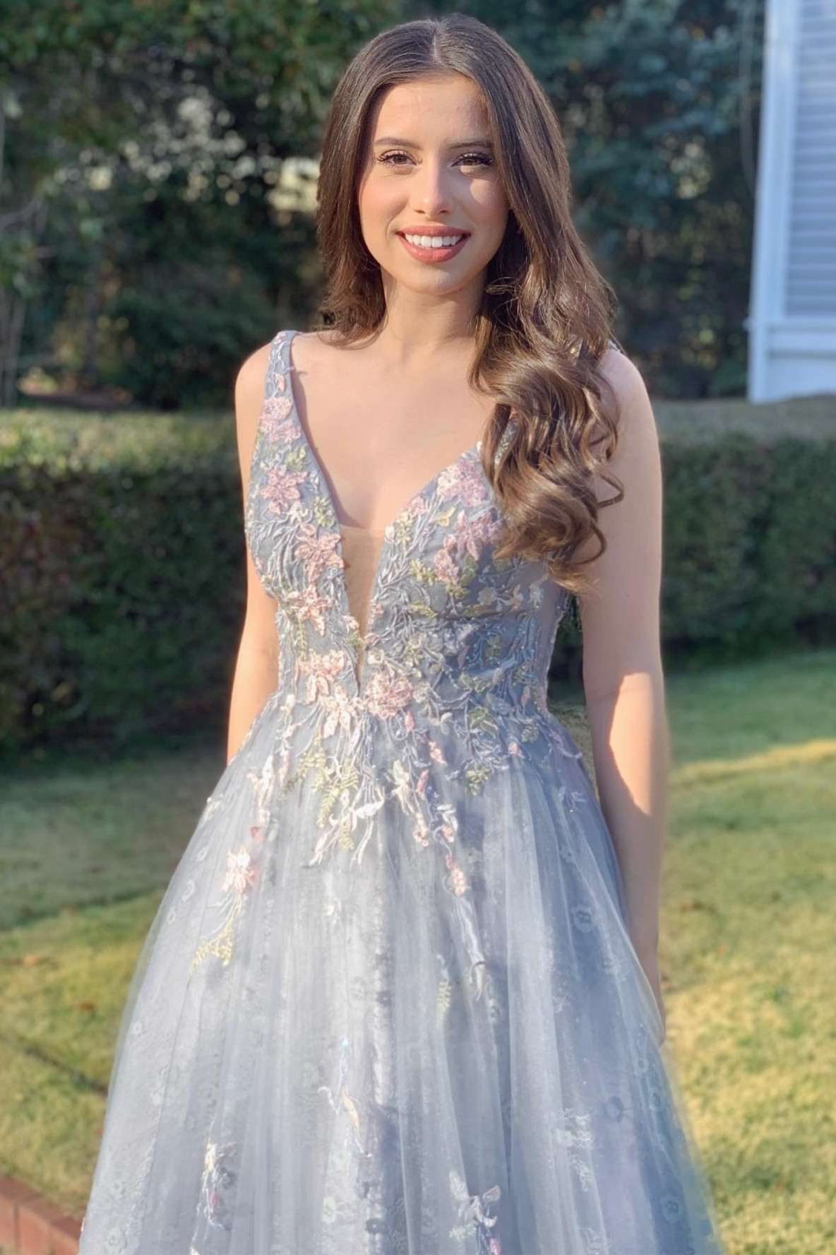 Light Gray Tulle Appliques V-Neck A-Line Long Prom Gown - Prom Dress - DYAVOR®