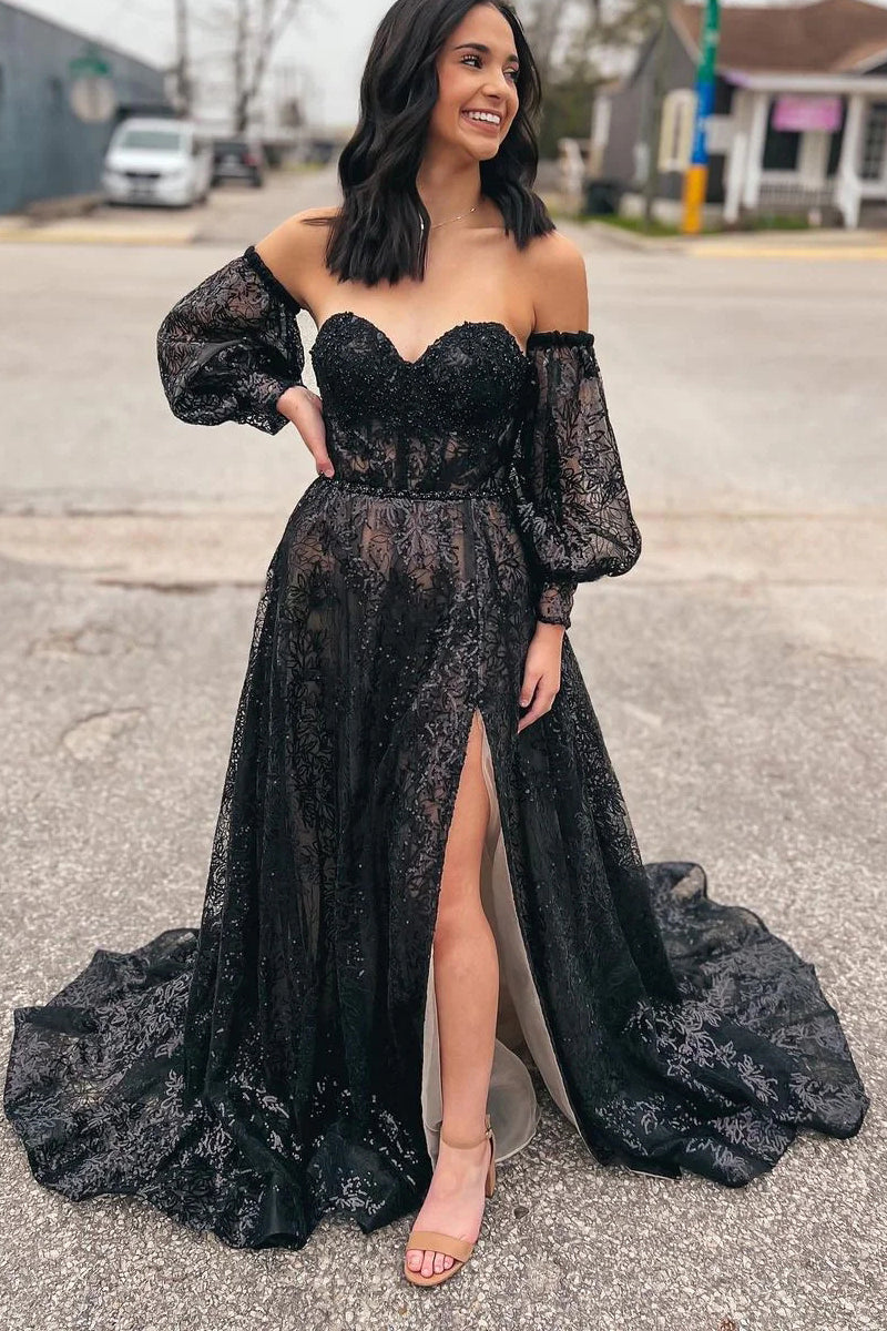 Trina | Cute A Line Sweetheart Black Sequins Long Prom Dresses - Prom Dress - DYAVOR®