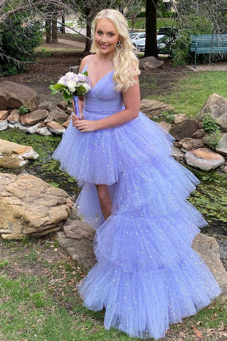 Glitter Hi-Low Lavender Tiered Tulle Prom Dress - prom dress - DYAVOR®