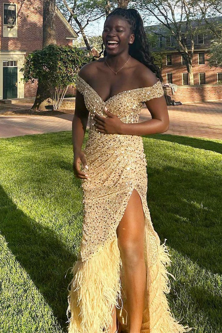 Black Sequin Feather Off-the-Shoulder Maxi Dress with Slit - Prom Dress - DYAVOR®