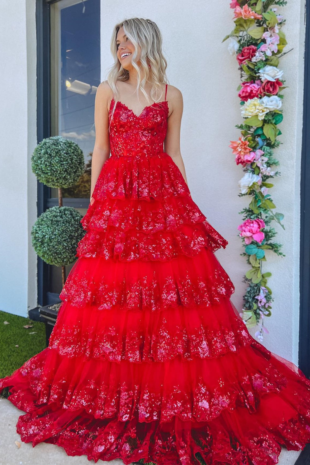 Maryam |A Line Spaghetti Straps Tiered Lace Prom Dress - Prom Dress - DYAVOR®