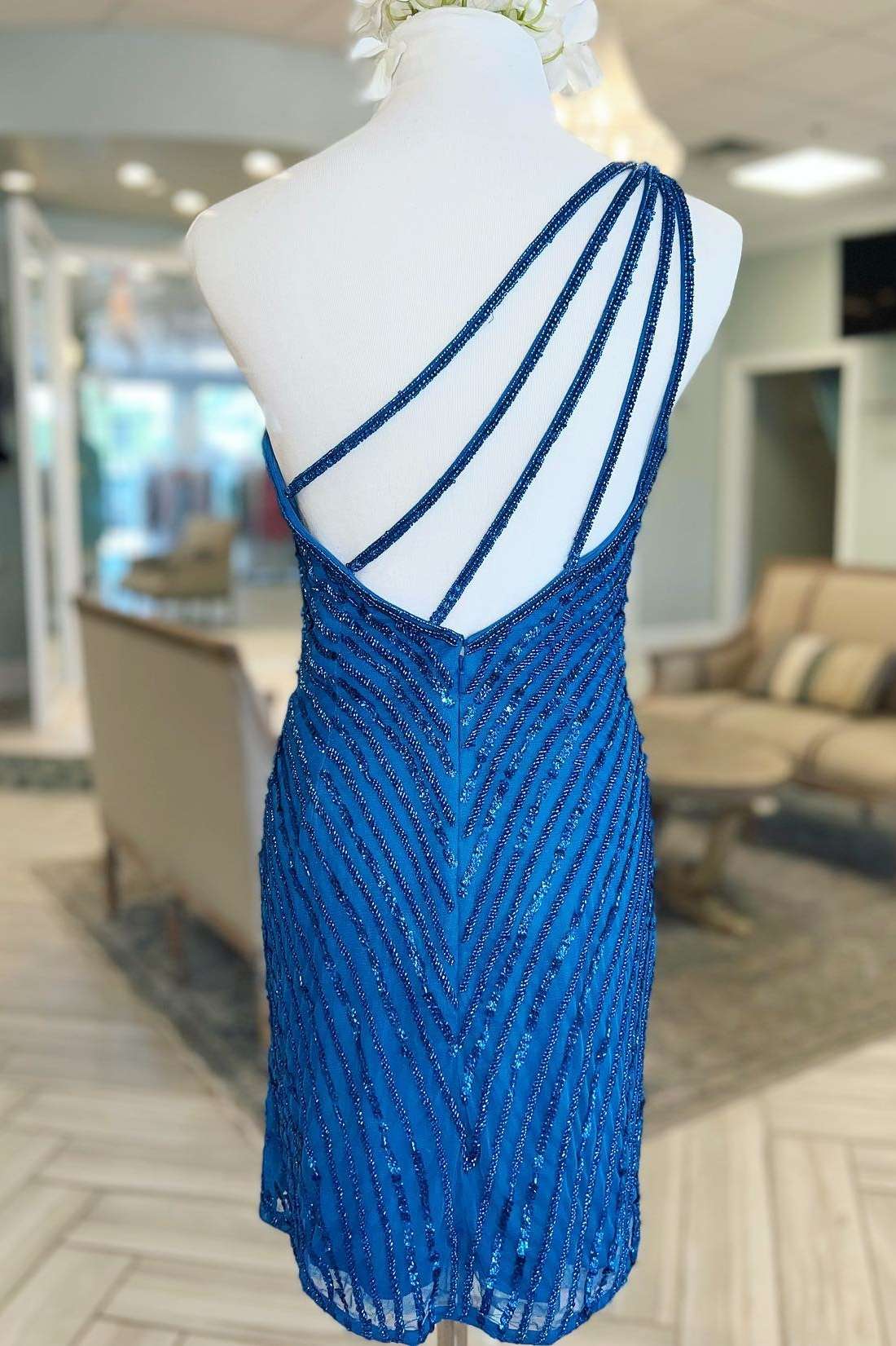 Zariyah | Blue Beaded One-Shoulder Short Cocktail Dress - Prom Dress - DYAVOR®