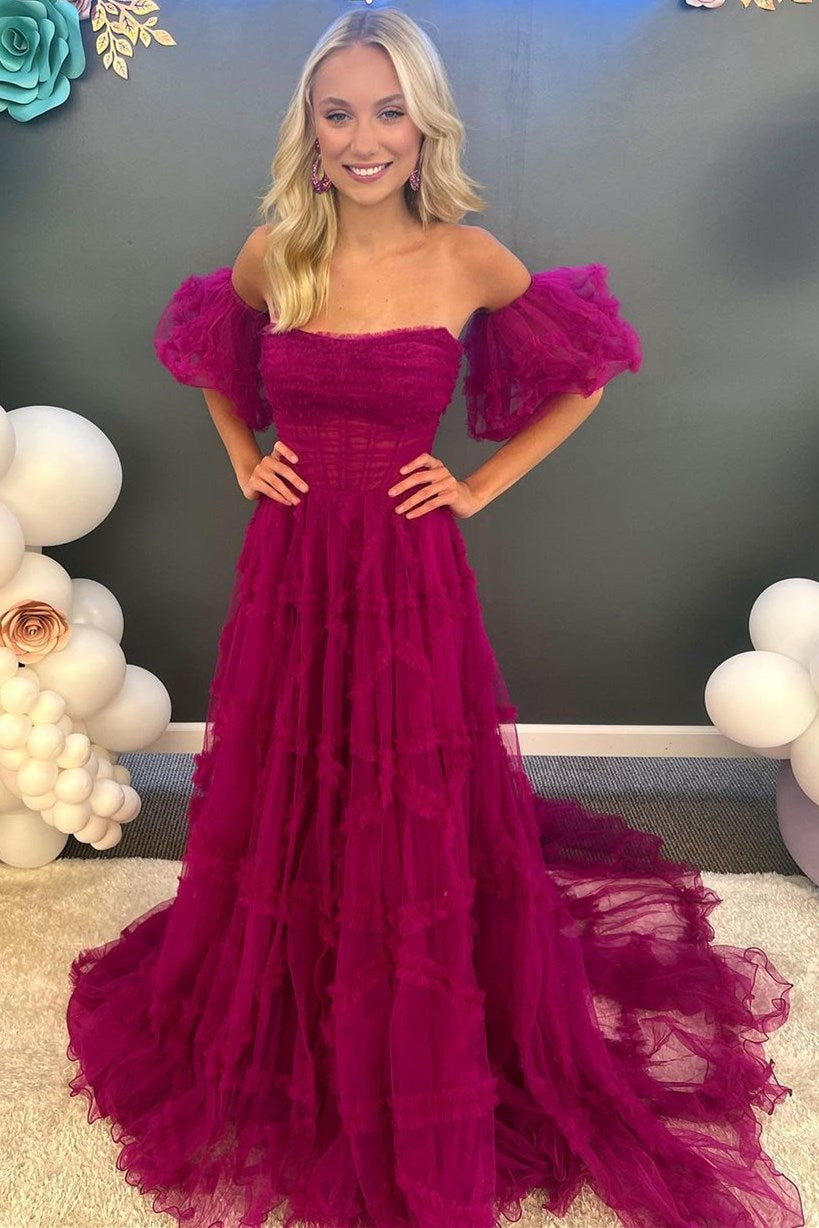 Lainey |A-Line Strapless Ruffles Long Formal Dress with Puff Sleeves - Prom Dress - DYAVOR®