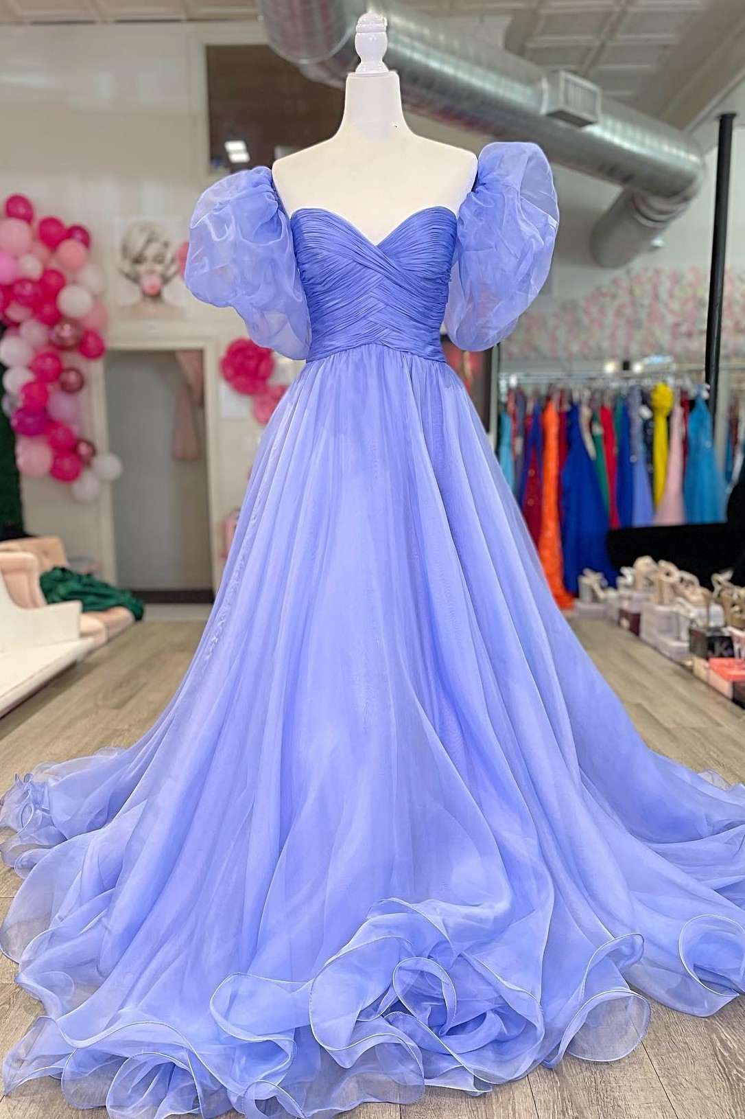 Lavender Strapless A-Line Prom Dress with Puff Sleeves - Prom Dress - DYAVOR®