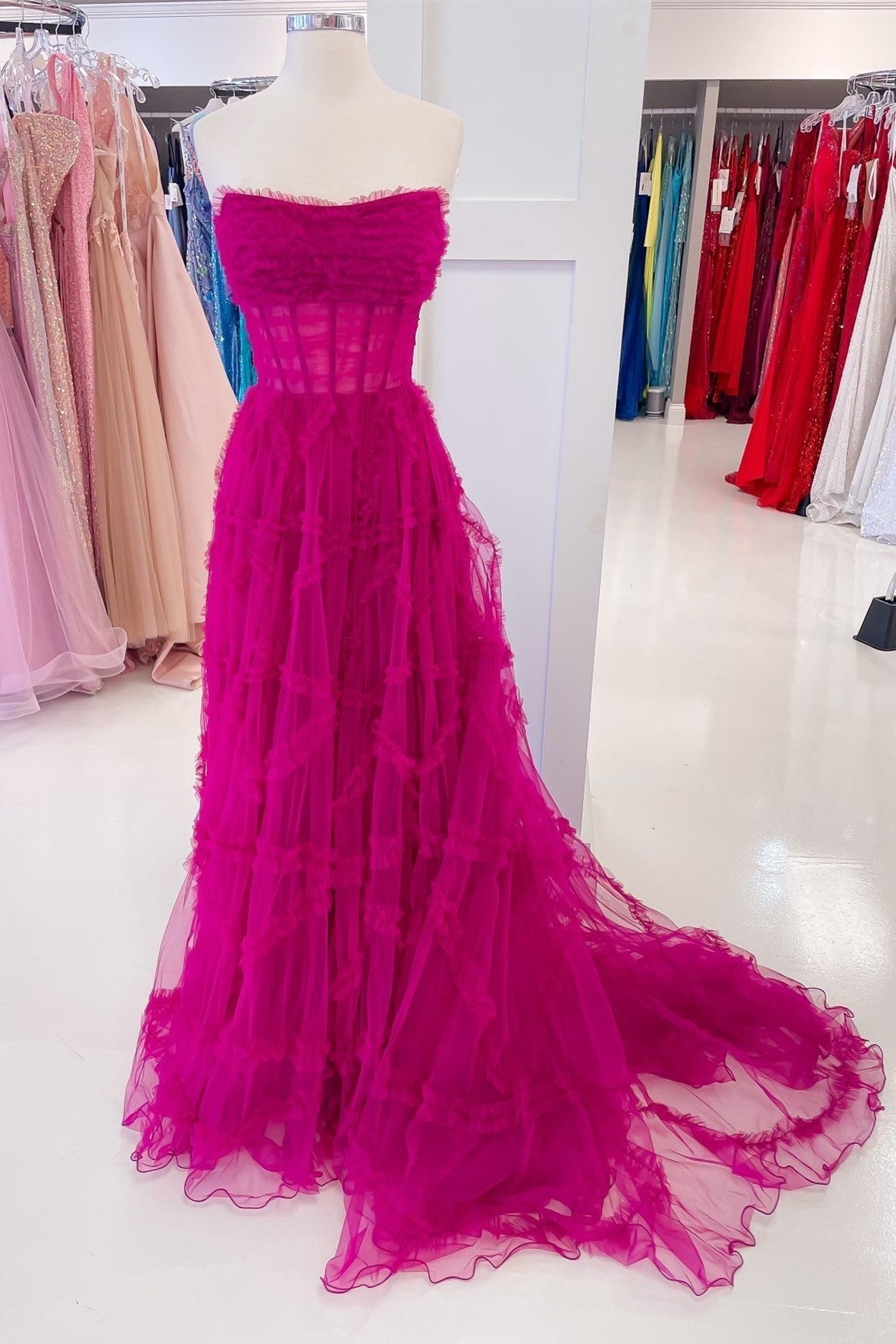 Lainey |A-Line Strapless Ruffles Long Formal Dress with Puff Sleeves - Prom Dress - DYAVOR®