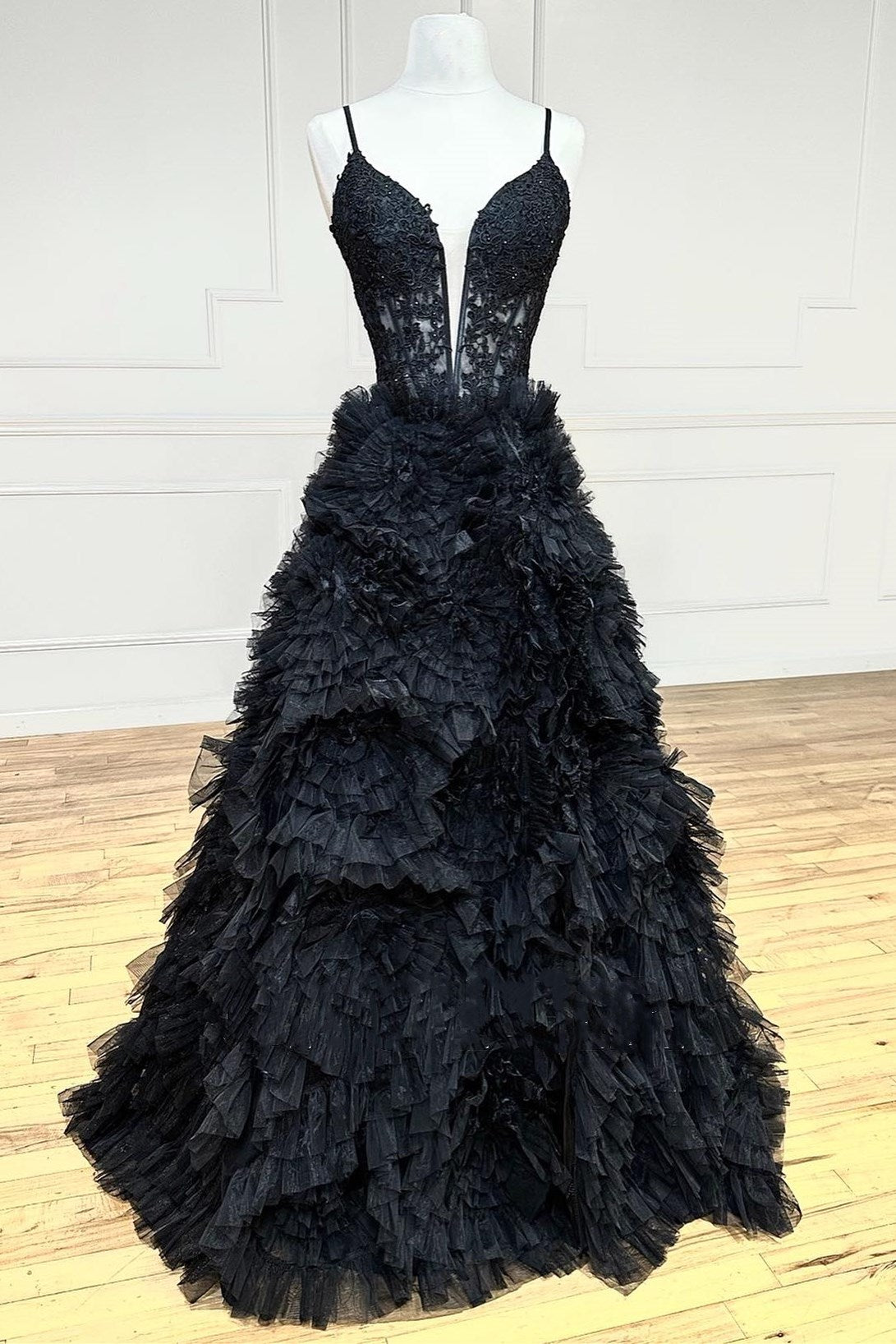 Joyce| Black Plunge V Spaghetti Strap Ruffle Tiered Long Gown - Prom Dress - DYAVOR®