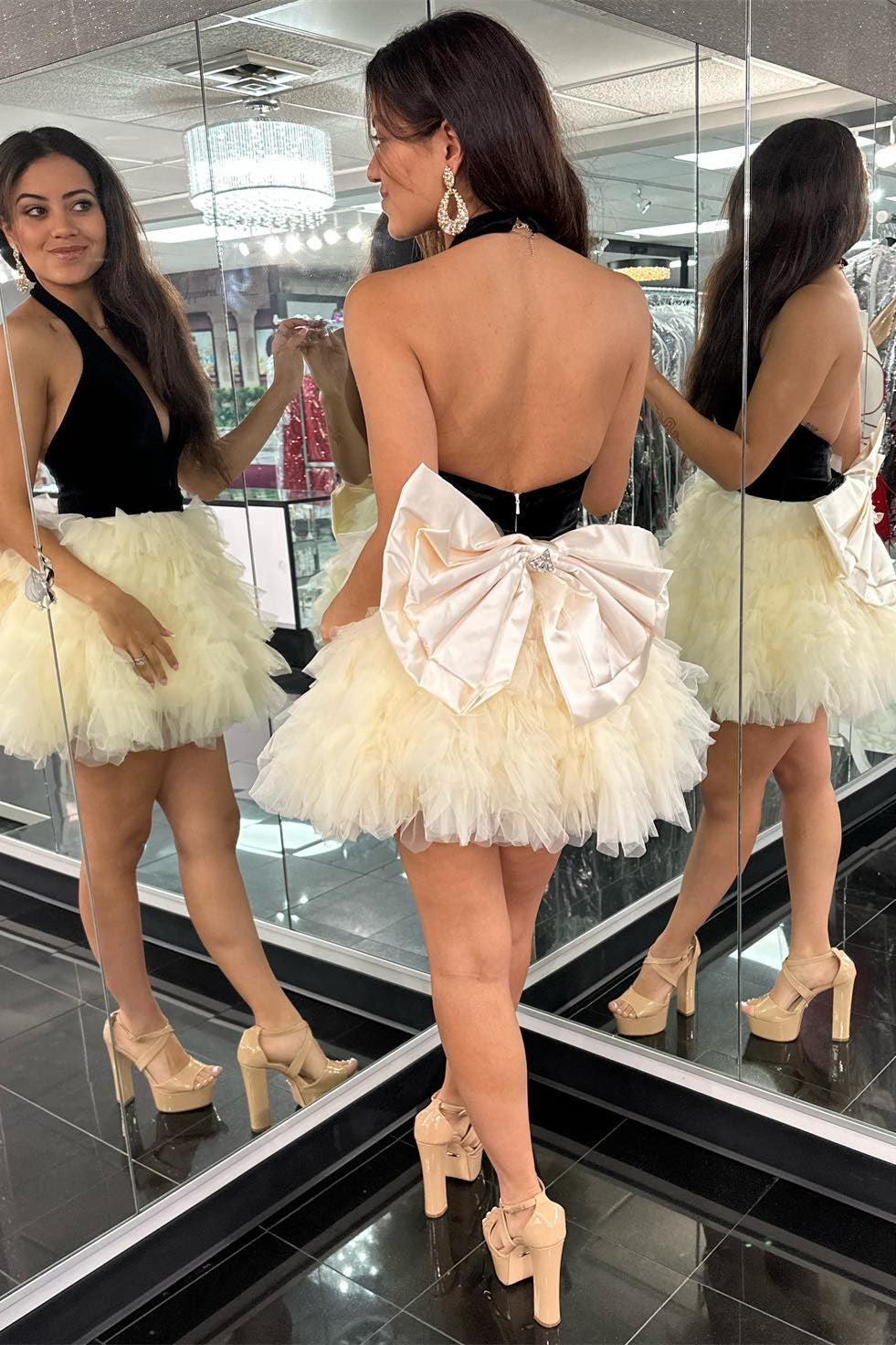 Clementine | Black Halter Bow Back Ruffle Tiered Short Cocktail Dress - Prom Dress - DYAVOR®