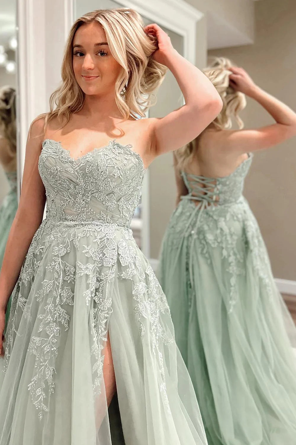 Beulah | A-Line Sweetheart Sage Green Tulle Lace Long Prom Dresses - Prom Dress - DYAVOR®