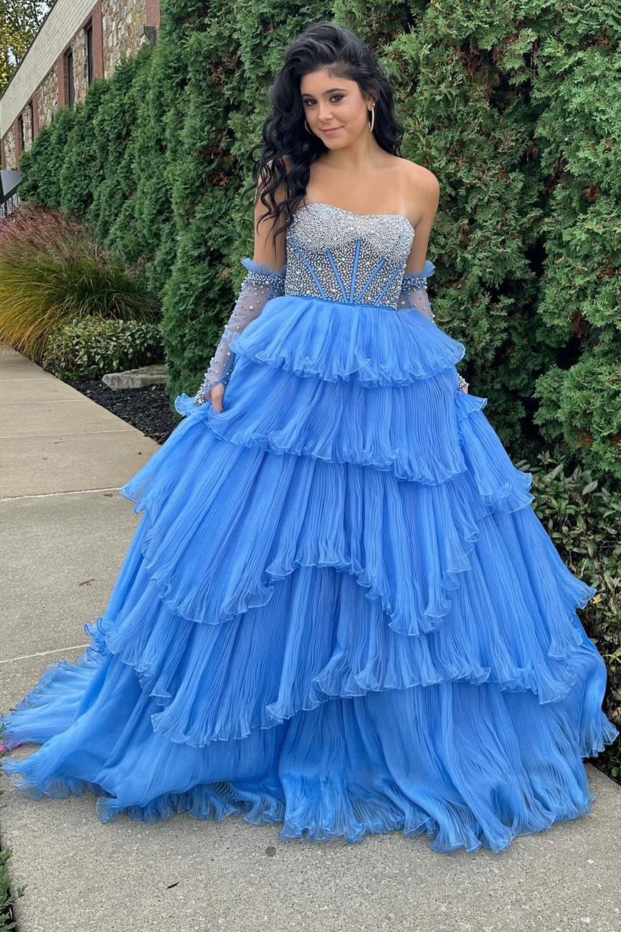 Lana |A-line Sweetheart Tiered Organza Prom Dress with Detachable Sleeves - Prom Dress - DYAVOR®