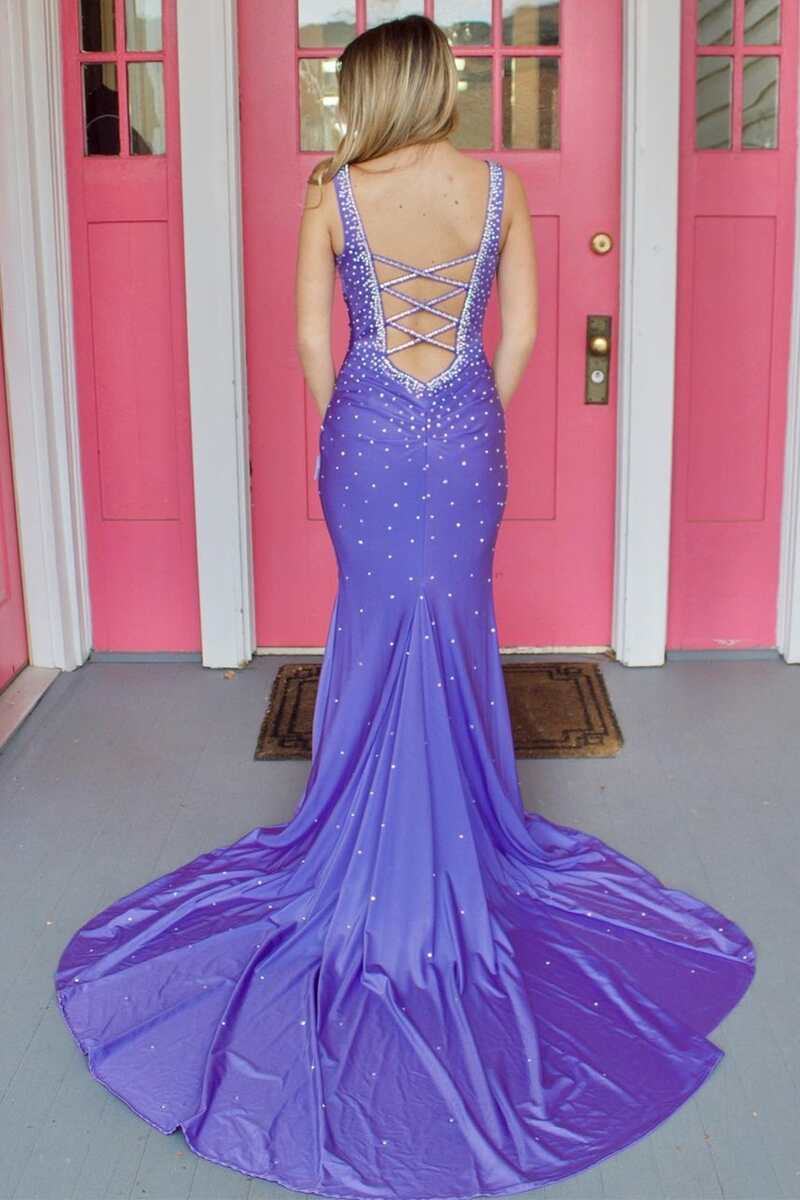 Elle |Mermaid V-Neck Beaded Satin Prom Dress with Cross Back - Prom Dress - DYAVOR®