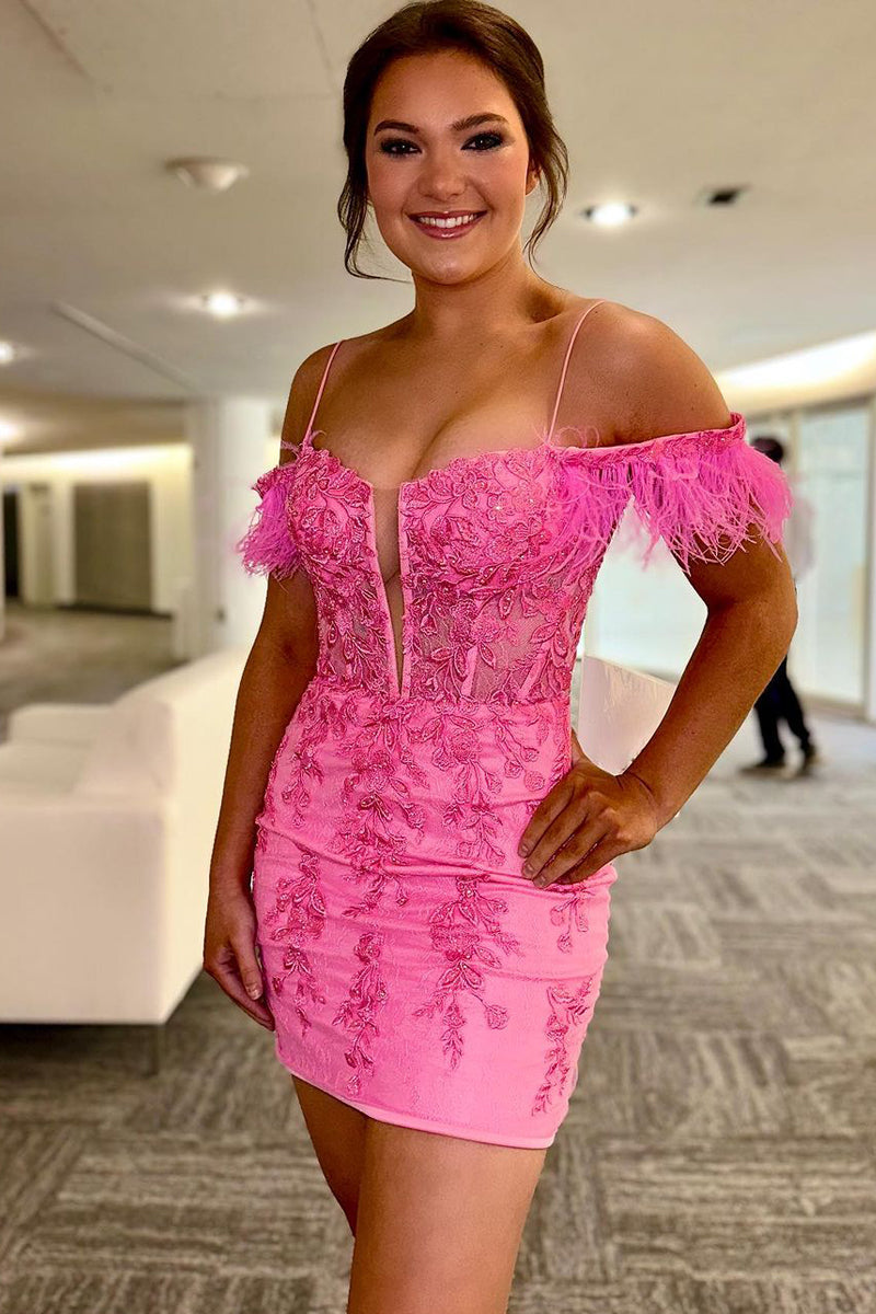 Queenie |Sheath Off the Shoulder Pink Lace Homecoming Dress - Homecoming Dress - DYAVOR®