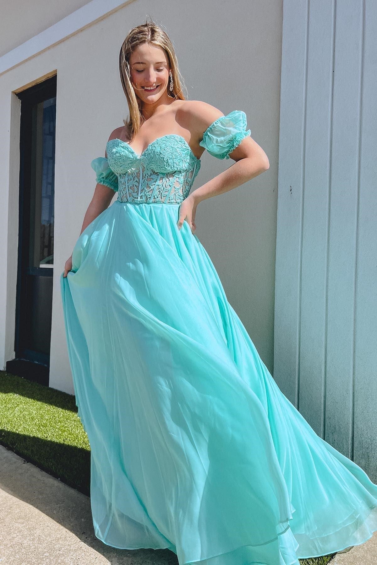 Rachel |A line Sweetheart Chiffon Prom Dress with Puff Sleeves - Prom Dress - DYAVOR®