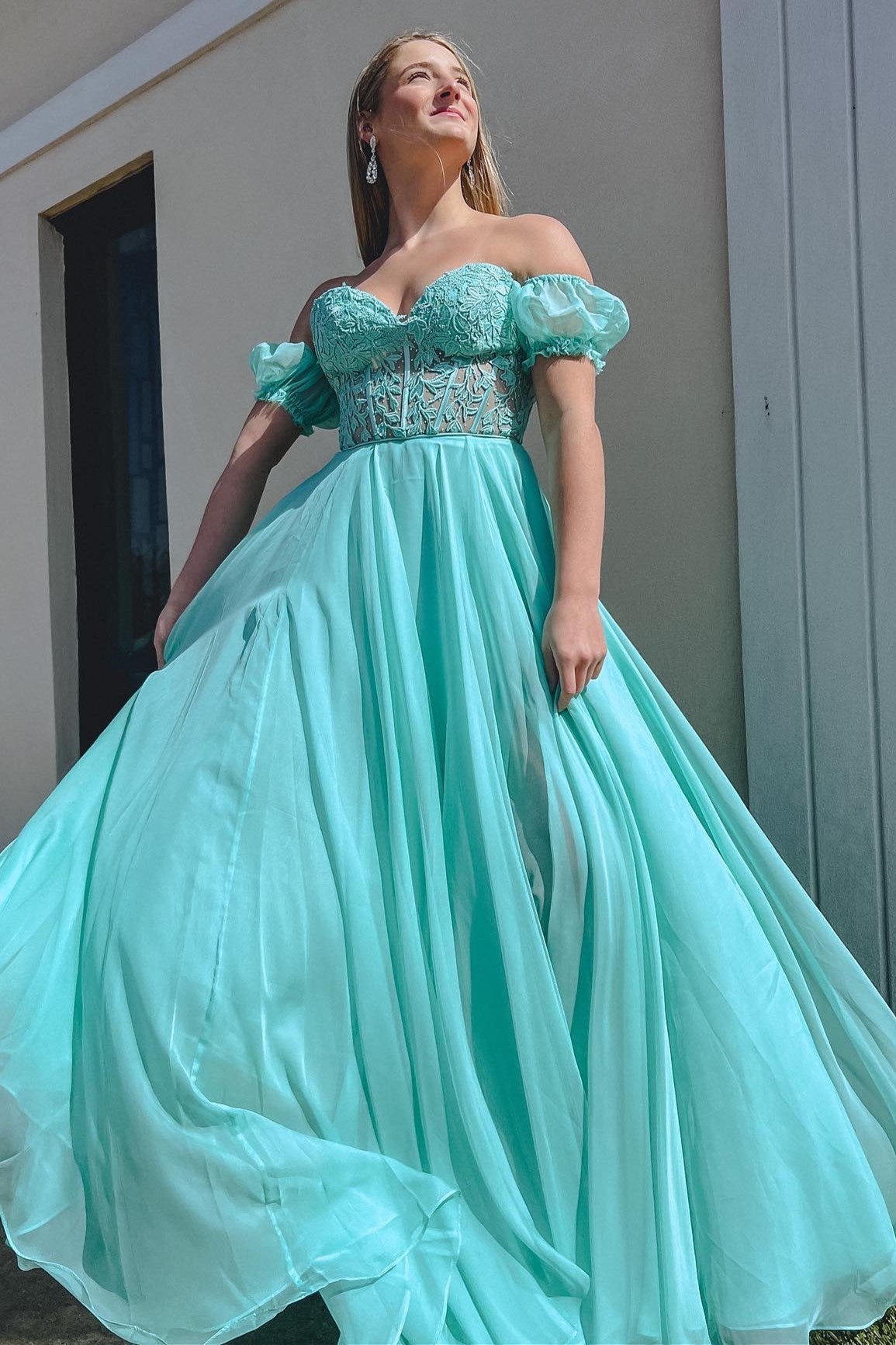 Rachel |A line Sweetheart Chiffon Prom Dress with Puff Sleeves - Prom Dress - DYAVOR®