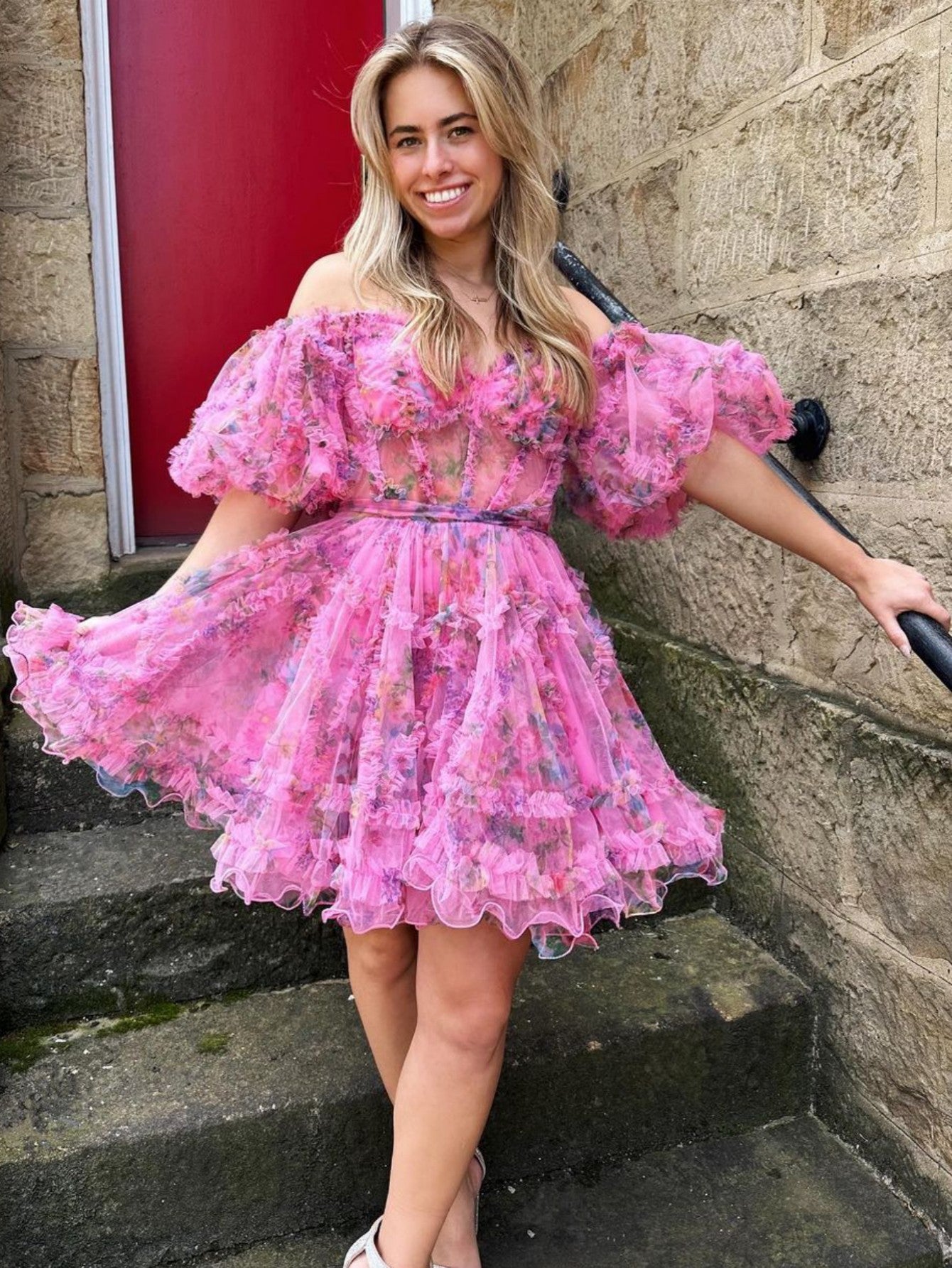 Ivana | Pink A Line Off the Shoulder Floral Printed Homecoming Dress - Homecoming Dress - DYAVOR®