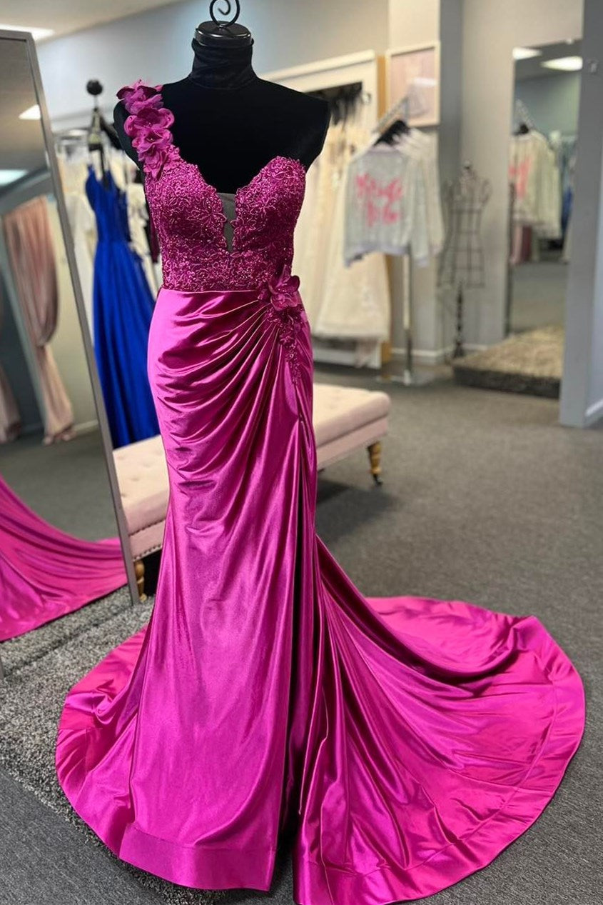 Red One-Shoulder 3D Floral Lace Pleated Long Gown with Slit - Prom Dress - DYAVOR®
